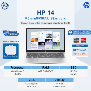 HP 14 R5-em0530AU Standard Laptop AMD Ryzen 5 7530U 8GB DDR4 512GB SSD 14 inci 1080p FHD