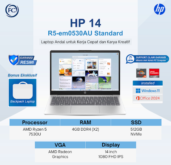 HP 14 R5-em0530AU Standard Laptop AMD Ryzen 5 7530U 8GB DDR4 512GB SSD 14 inci 1080p FHD