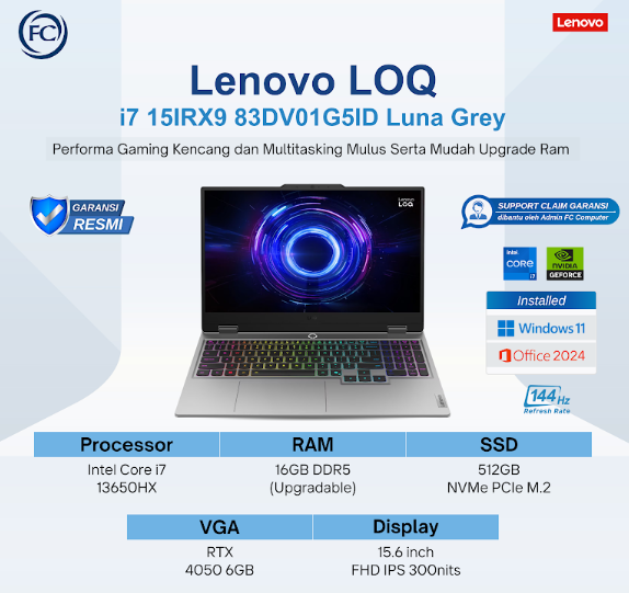 LAPTOP GAMING LENOVO LOQ 15IRX9 - 83DV01G5ID (LUNA GREY) - i7-13645HX - RAM 16GB - SSD 512GB