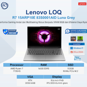 Laptop Lenovo LOQ R7 15ARP10E Luna Grey RAM 16GB SSD 512GB RTX 3050 6GB layar 15.6 FHD