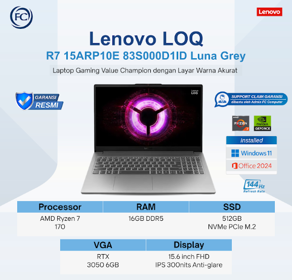 Laptop Lenovo LOQ R7 15ARP10E 83S000D11D Luna Grey RTX 3050 6GB 16GB DDR5 512GB SSD 15.6 FHD